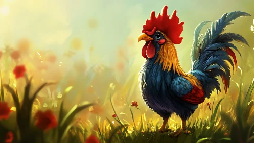 Rooster in Flowering Field. Digital illustration.