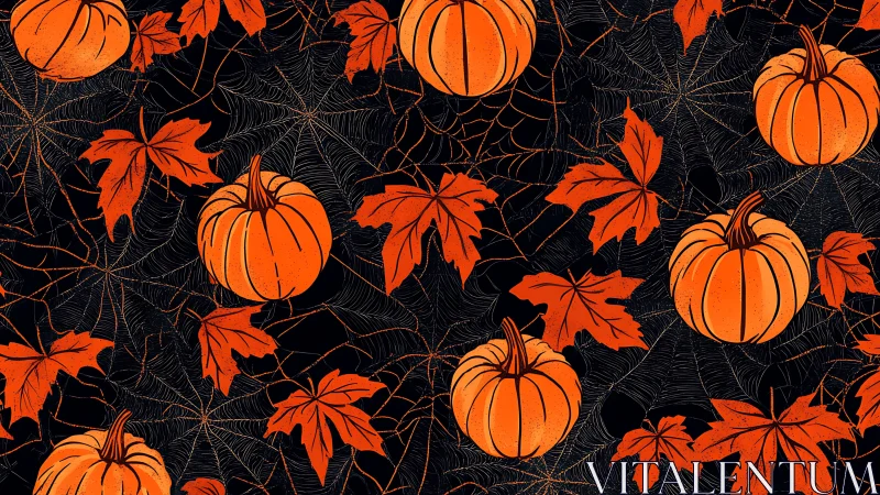 Pumpkins and maple leaves glow over eerie spiderweb shadows
