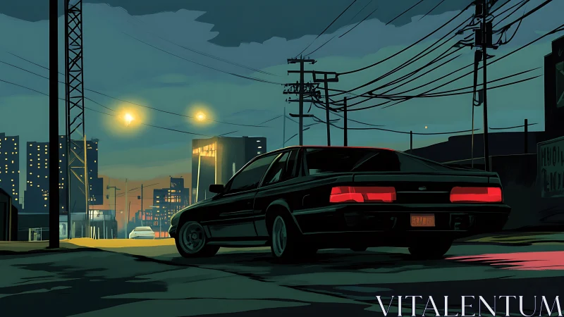 Rear view of dark car in urban street at dusk.