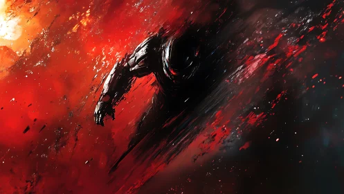 Void-charged armored specter tearing through scarlet cosmos.