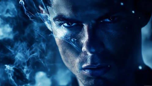 Intense blue-lit male face emerges through swirling smoke.