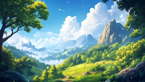 Digital painting landscape with luminous alpine valley composition.