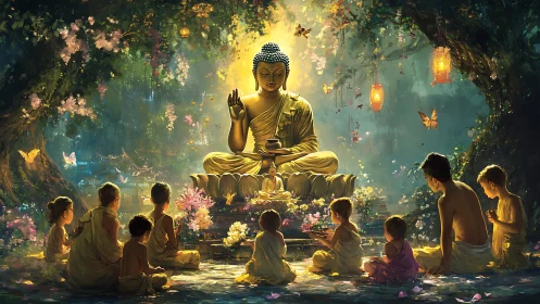 Golden Buddha statue teaches young monks in glowing forest shrine