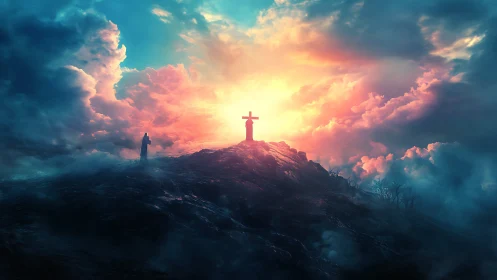 Cross on hilltop under vivid glowing storm clouds.