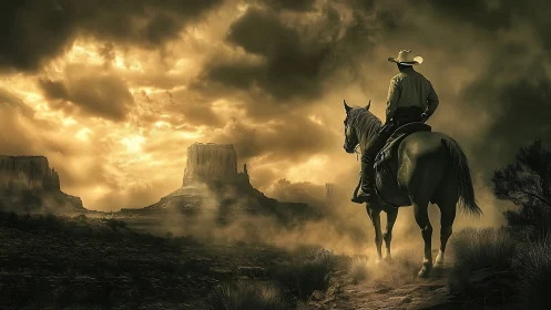 Cowboy and horse pause beneath glowing desert storm sky.