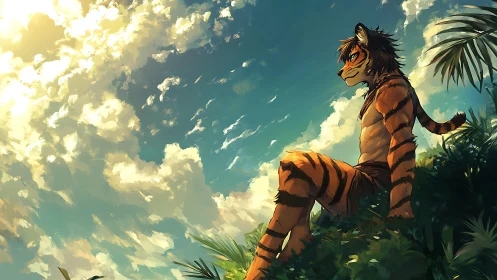 Anthro tiger watches blazing sky from sunlit jungle ridge.