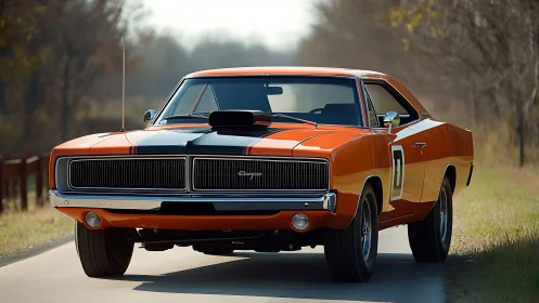 Bold orange muscle car cruising a quiet country road.