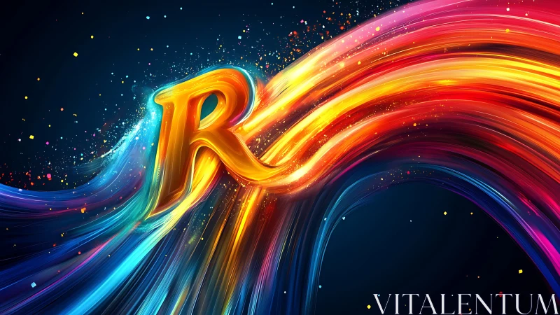 Chromatic energy streams sculpt a luminous 3D letter R form