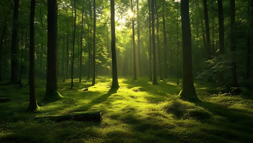 Tranquil Sunbeam-Filled Forest with Lush Green Moss, Nature Photography.