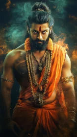 Fiery digital portrait of intense saffron-clad mythic warrior sage