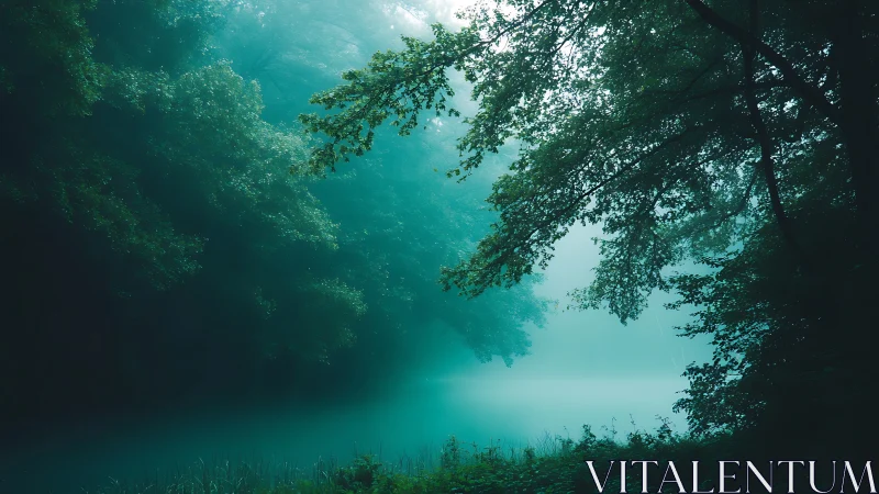 Misty Lake Framed by Dense Forest Canopy.