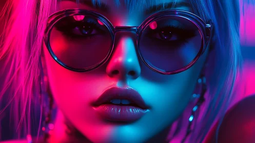 Neon siren in round shades, bathing in cyberpunk glow.