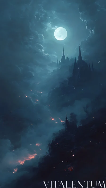 Lunar-illuminated gothic citadel amid incendiary storm clouds.