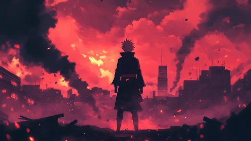 Silhouetted figure in red-illuminated urban ruin at dusk.