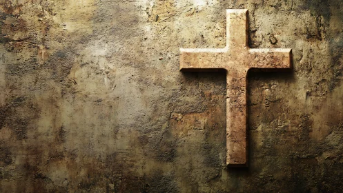 Weathered stone cross against quietly glowing altar wall.
