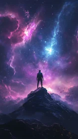 Silhouette on jagged peak under bioluminescent nebula sky