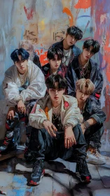 Streetwear boy band pose against vivid graffiti wall backdrop.