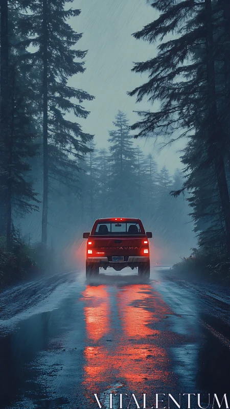 Cinematic rainy forest roadway with illuminated red pickup truck.
