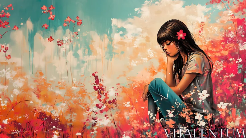 Quiet daydream girl in a wildflower storm of vivid color.