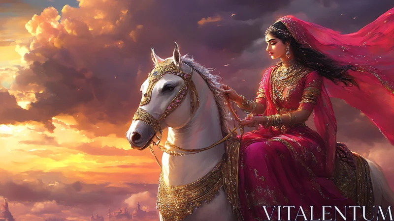 Regal rider in crimson sari on white stallion at sunset.
