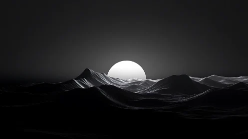 Glowing digital sun gently rises over calm wireframe hills