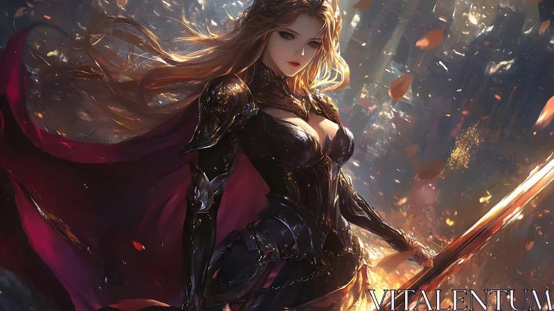 Firelit forest knight with flowing crimson battle cloak.