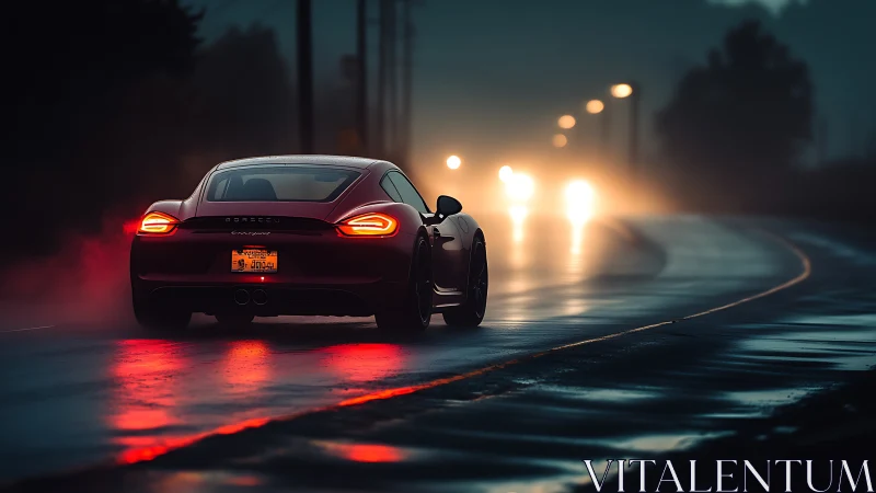 Sports car glides through rainy night on glowing roadway.