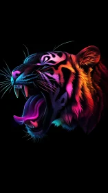 Neon gradient tiger profile with open mouth on black field.