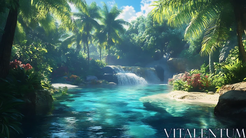 Tropical Waterfall Pool Landscape with Palm Forest