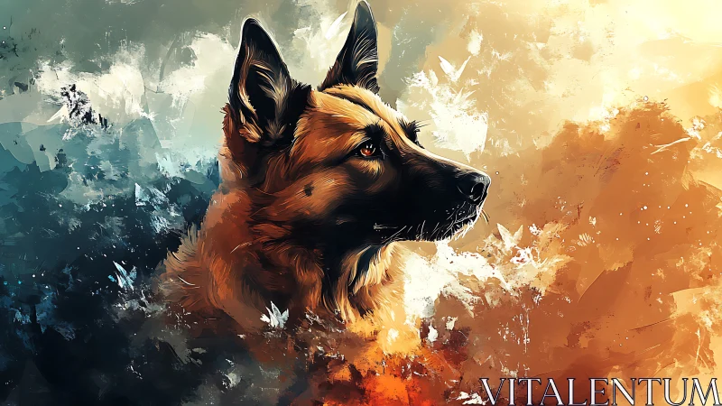 Loyal German shepherd gazes calmly through warm painted light