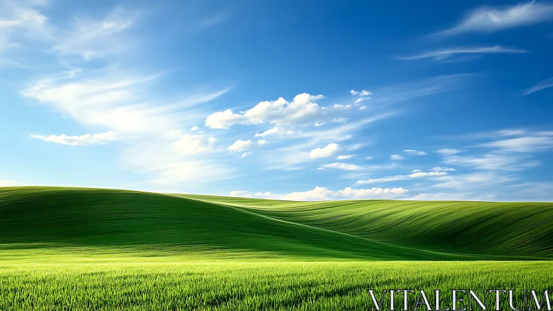 Gentle green hills roll under a calm and sunlit blue sky
