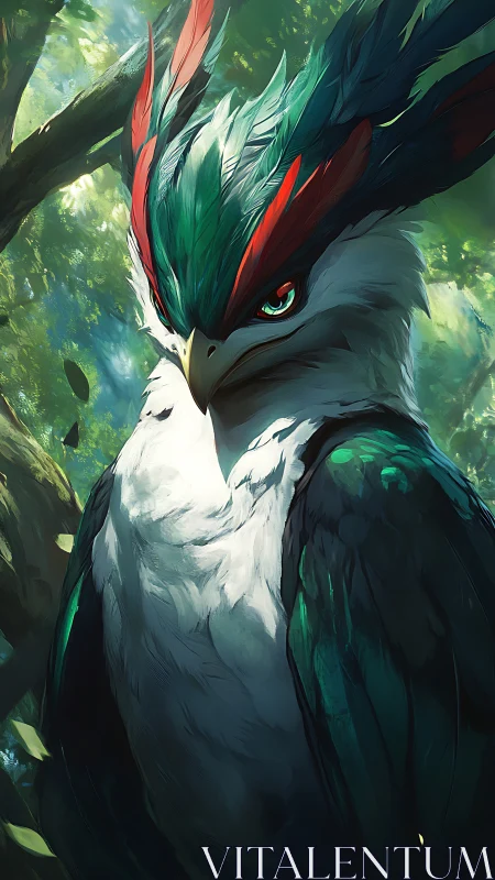 Majestic emerald phoenix hawk in luminous forest canopy.