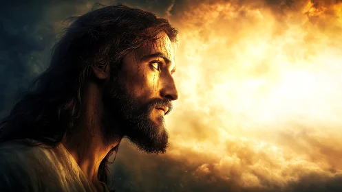 Radiant profile of a solemn bearded man in glowing clouds.