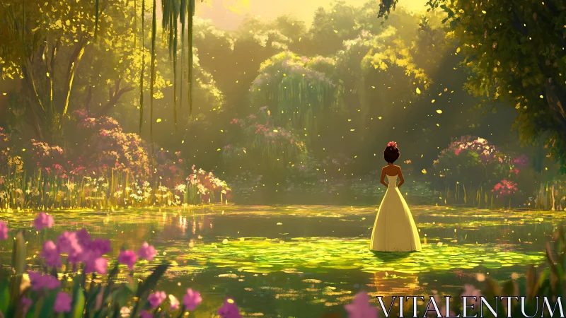 Solitary woman in gown observing sunlit lily pond tableau