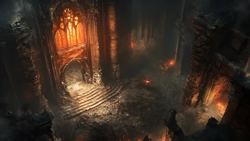 Gothic infernal hall rendered with volumetric lighting and decay