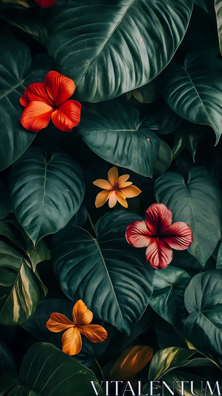 Vibrant Tropical Flowers Bloom Among Deep Green Foliage