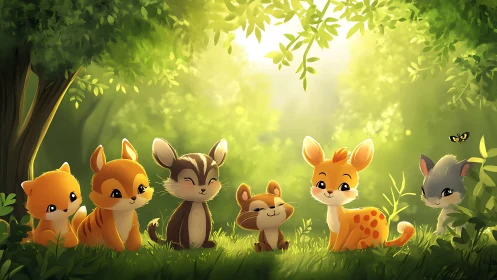 Cartoon forest animals sit together under bright foliage