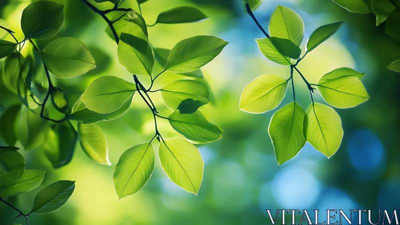 Sunlit Green Leaves Close-Up with Soft Bokeh Background.