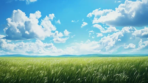 Wide green grass field under bright blue summer sky.