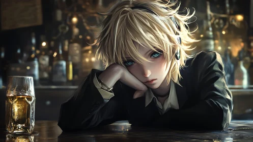Melancholic blonde youth in bar interior, anime realism study
