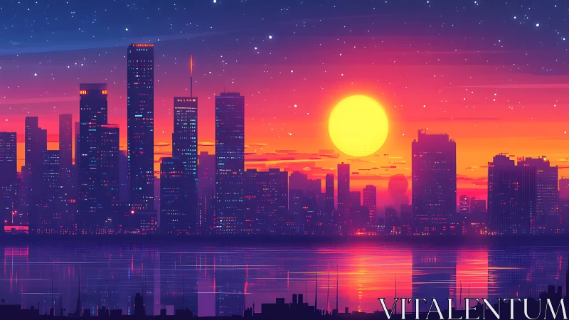 Neon city skyline glows under vivid cyberpunk sunset