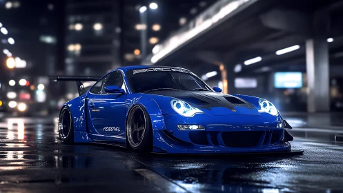 Midnight blue widebody sports car under neon city lights.