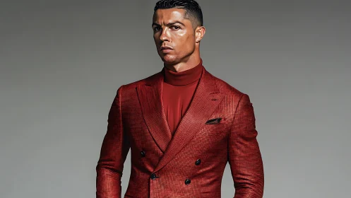 Confident man in a red suit standing with calm elegance.