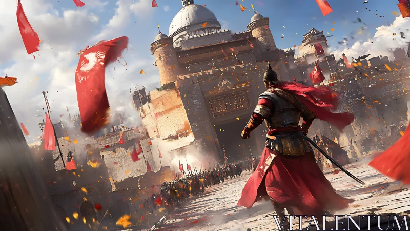 Red cloaked warrior strides toward a storm of city banners