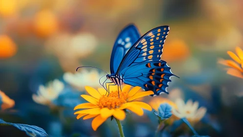 Blue butterfly on yellow flower in shallow focus field.
