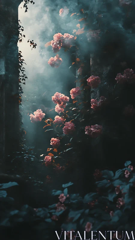 Moody Garden: Pink Roses in Atmospheric Light.