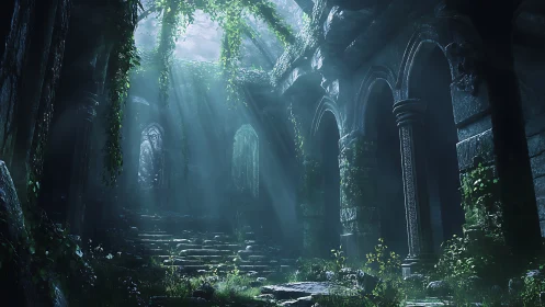 Volumetric-lit ivy ruins with Gothic arches and mossy stone