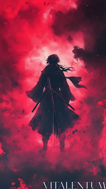 Backlit ronin silhouette in crimson atmospheric digital painting.