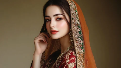 Portrait of woman in ornate traditional embroidered attire.