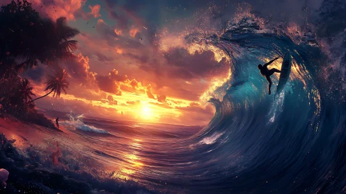 Sunset surfer riding a glowing tropical dream wave.